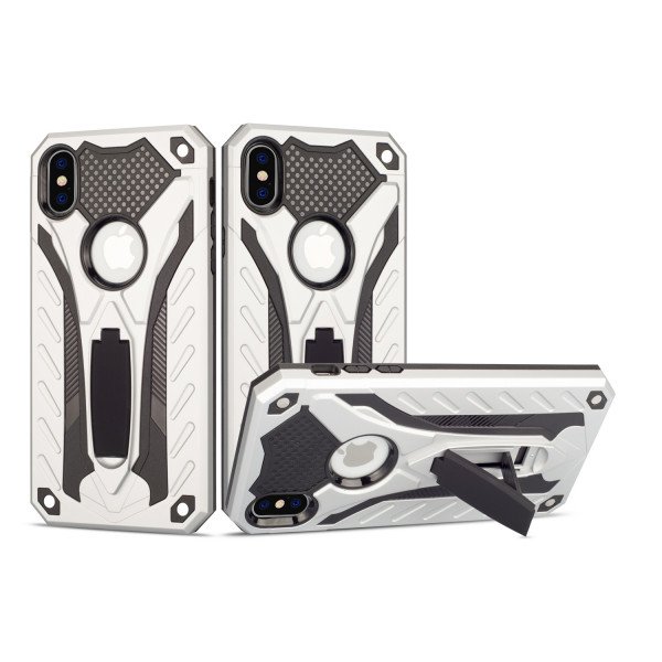 Wholesale iPhone Xs Max Armor Knight Kickstand Hybrid Case (Silver)